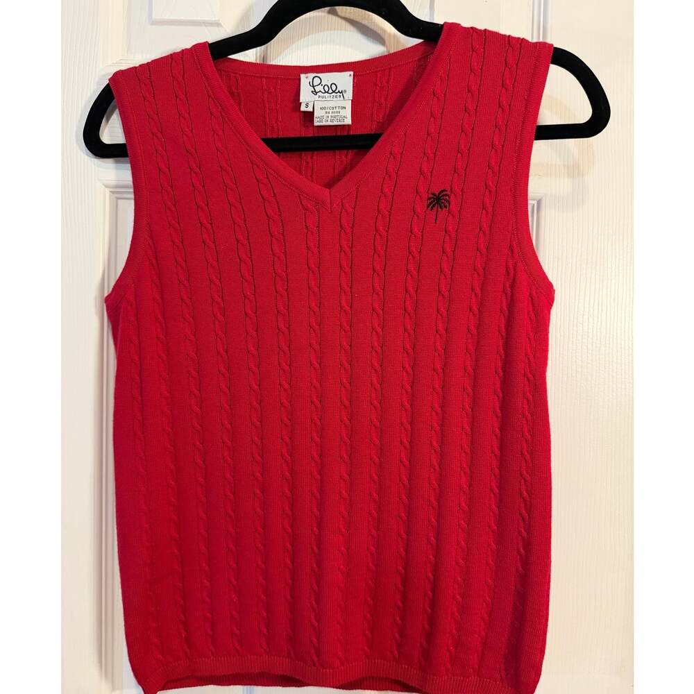 Vintage Lilly Pultizer Red Cable Knit Sweater Vest S Palm Tree 100% cotton